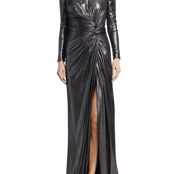 Rene Ruiz Collection Ruched Side Slit Patent Glitter Long-Sleeve Gown - Picture 3 of 9